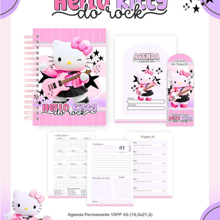 Arquivo Encadernação Escolar 2026 Hello Kitty Rock 5