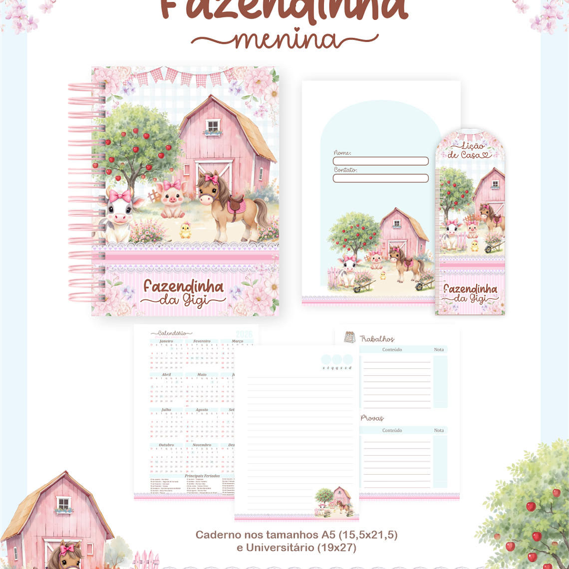 Arquivo Encadernação Escolar 2026 Fazendinha Menina 5