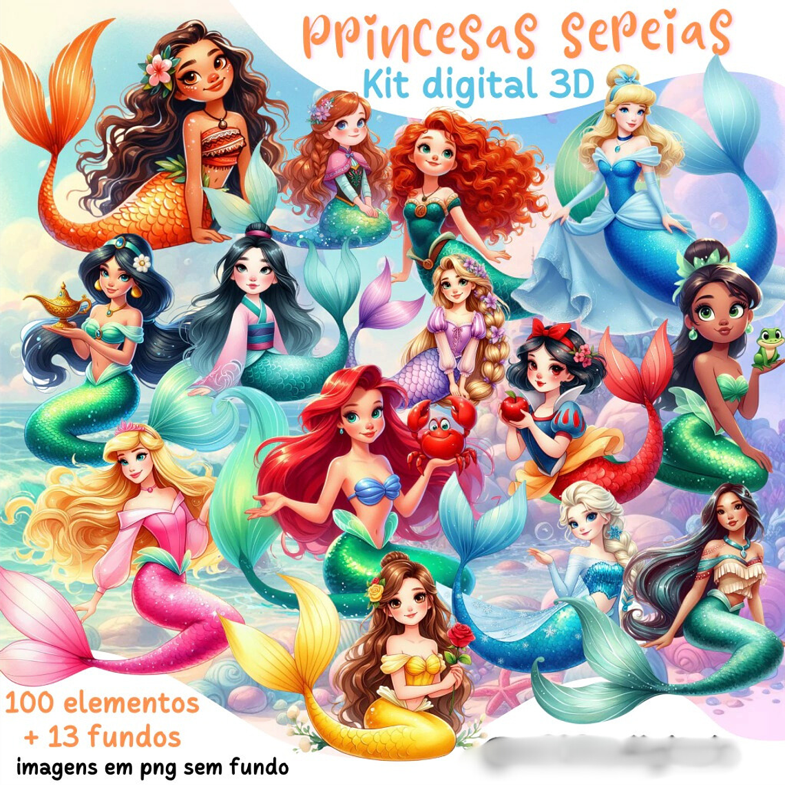Arquivo Princesas Sereias aquarela – Kit Digital 1
