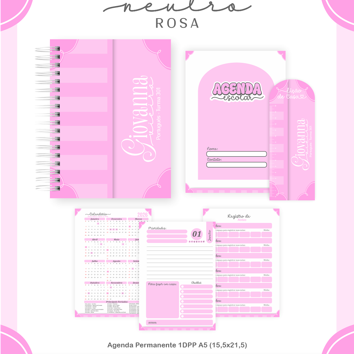 Arquivo Encadernação Escolar 2026 Neutro Rosa 4
