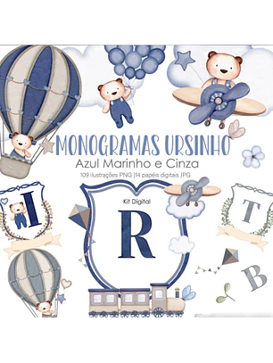 Kit Digital Monogramas Ursinho Azul Marinho