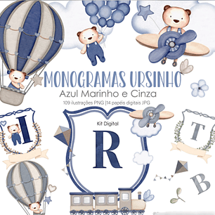 Kit Digital Monogramas Ursinho Azul Marinho