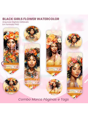 Arquivo Combo Marca Páginas e Tags Black Girls Flower Watercolor