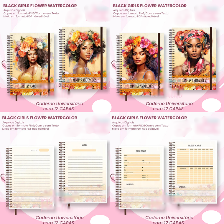 Arquivo Caderno Universitário Black Girls Flower Watercolor 12 em 1 2