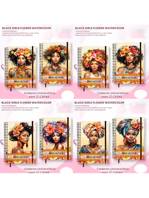 Arquivo Caderno Universitário Black Girls Flower Watercolor 12 em 1