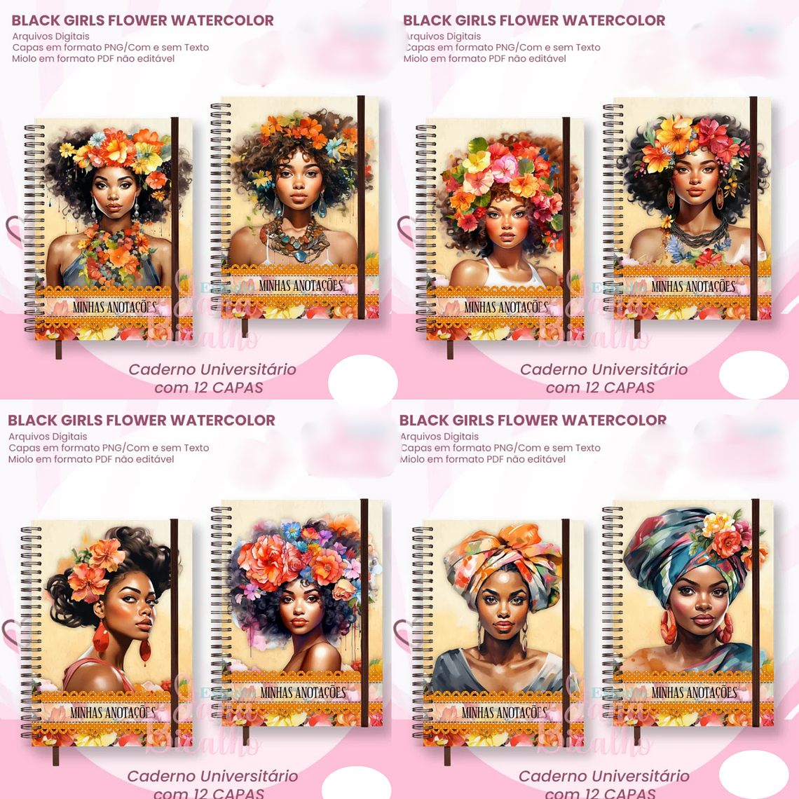 Arquivo Caderno Universitário Black Girls Flower Watercolor 12 em 1 1