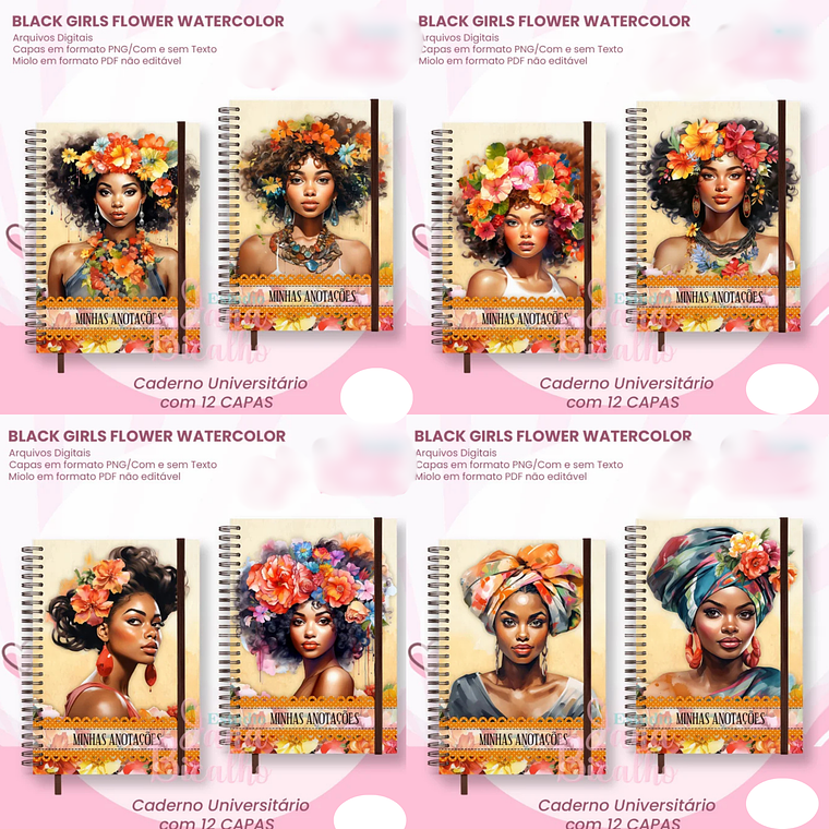 Arquivo Caderno Universitário Black Girls Flower Watercolor 12 em 1 1