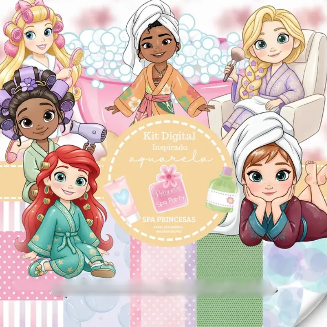Kit Digital Princesas Spa Party Aquarela 1