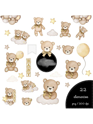 Kit Digital Ursinho Bege com Dourado