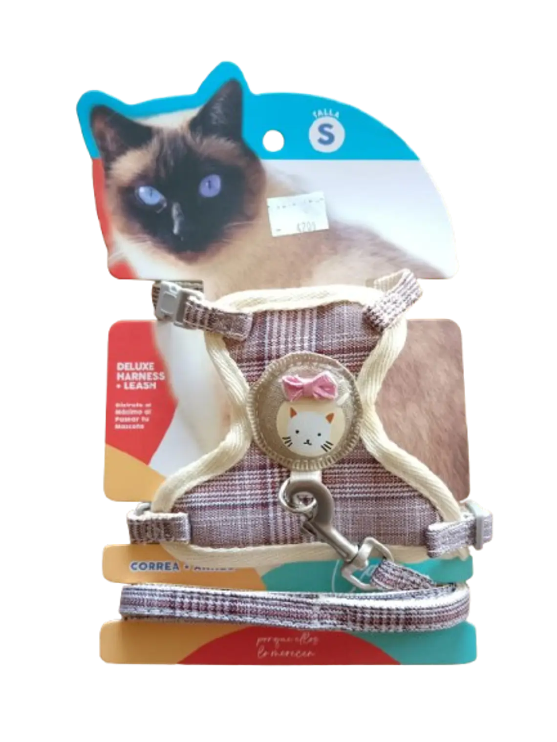 Set Arnés + Correa Deluxe para Gato Ajustable (Talla S) – Modelo Cuadrillé Beige 1