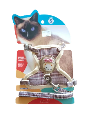 Set Arnés + Correa Deluxe para Gato Ajustable (Talla S) – Modelo Cuadrillé Beige