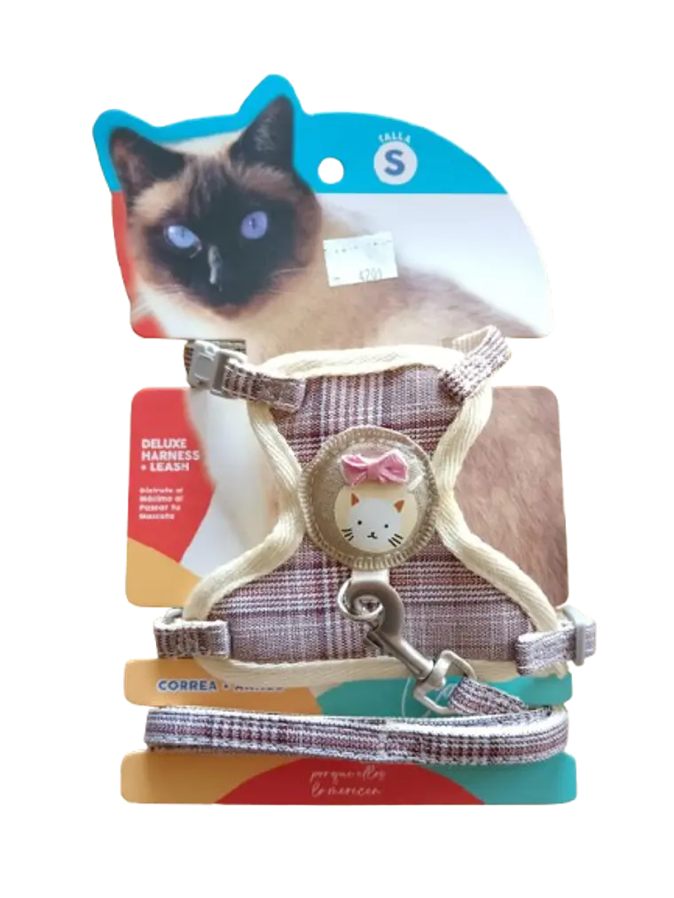 Set Arnés + Correa Deluxe para Gato Ajustable (Talla S) – Modelo Cuadrillé Beige 1