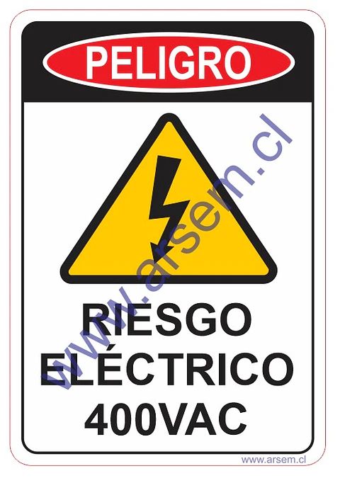 ADHESIVO PELIGRO 400 VAC LAMINADO BRILLANTE TROQUELADO DE 130X90 MM
