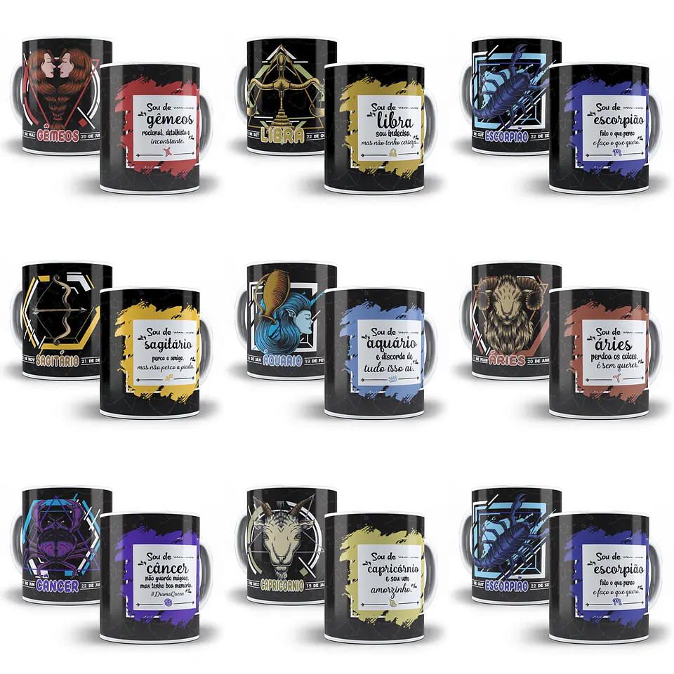 12 Arte Caneca Signos Editável em Corel Draw 2