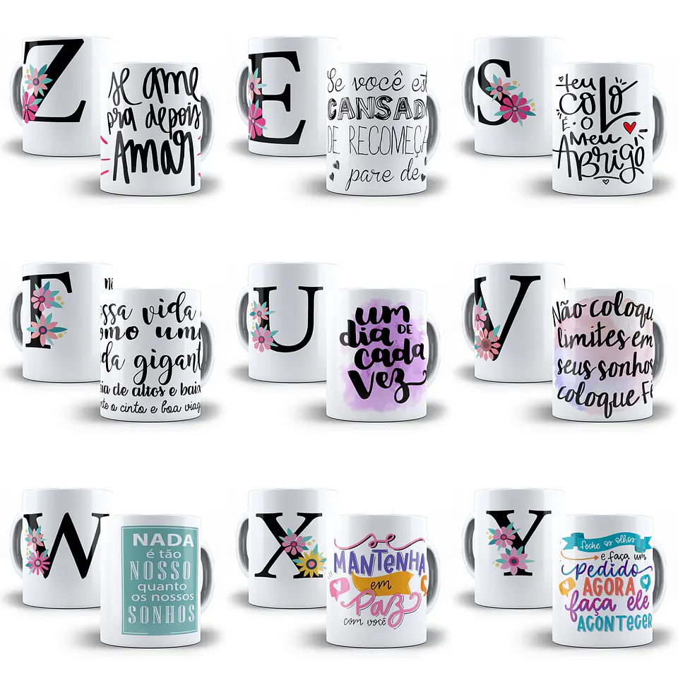 26 Artes Caneca Alfabeto Floral Frases Editável em Corel Draw 3