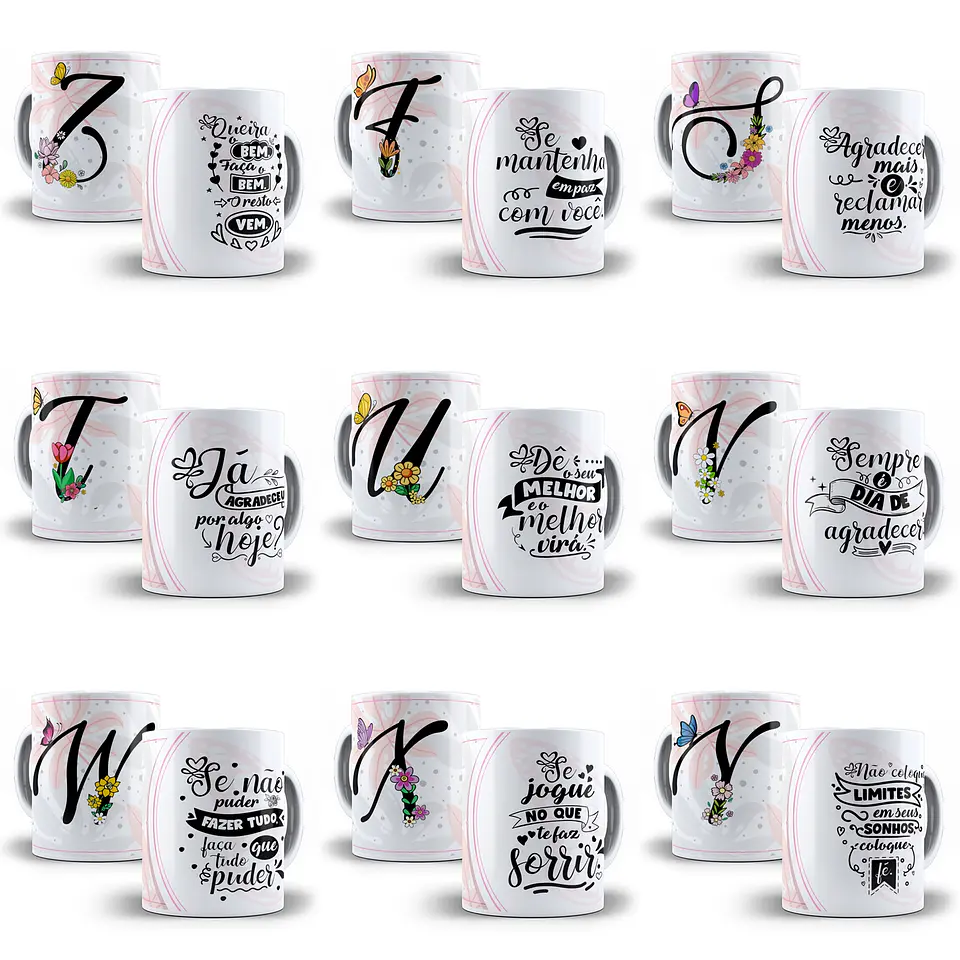26 Artes Caneca Alfabeto Floral 2021 Editável em Corel Draw 3