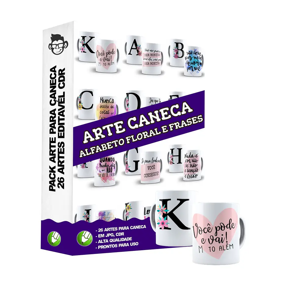 26 Artes Caneca Alfabeto Floral Frases Editável em Corel Draw 5
