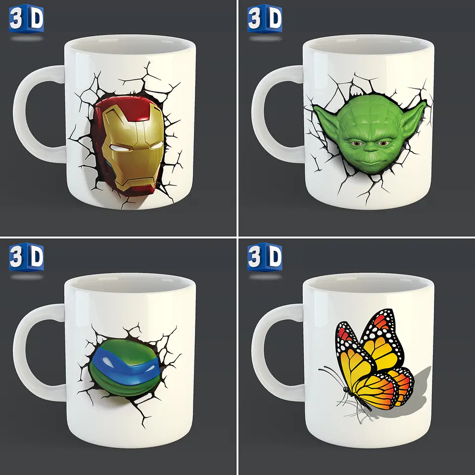 54 Artes para Caneca 3D Editável em Corel Draw 3
