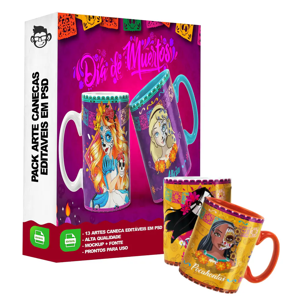 13 Artes Caneca Caveira Mexicana Editável em Photoshop 2