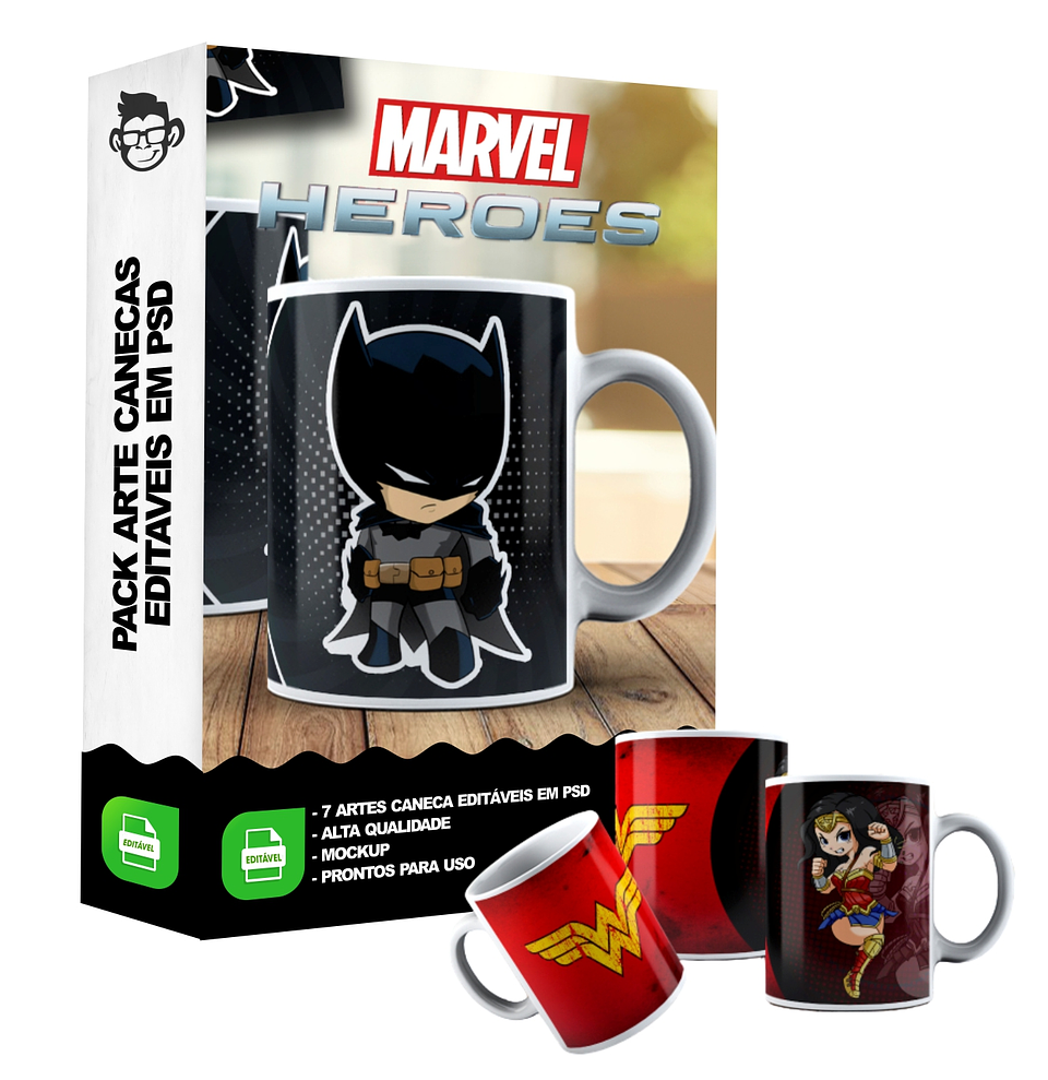 7 Artes Caneca Anime Super Heróis e Vilões Editável em Photoshop 2