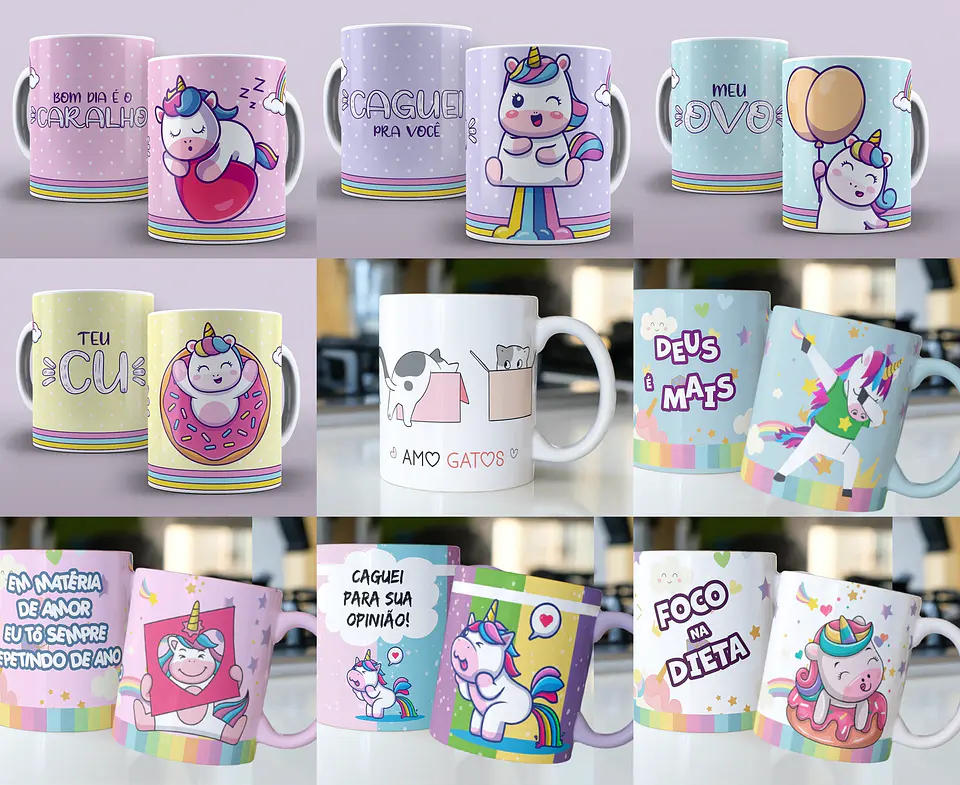 59 Artes para Caneca Unicórnio e Gatinhos Editável em Corel Draw ou Photoshop 1