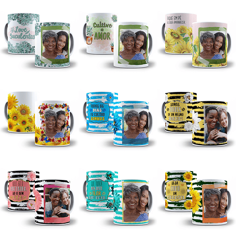 22 Artes Caneca Cactos e Flores Editável em Photoshop