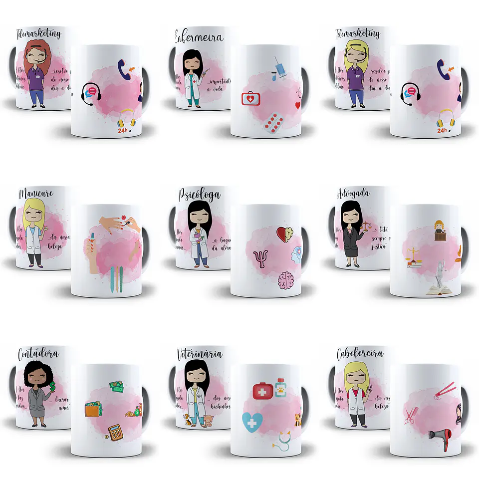64 Artes para Caneca Profissão Feminina Editável em Corel Draw 1