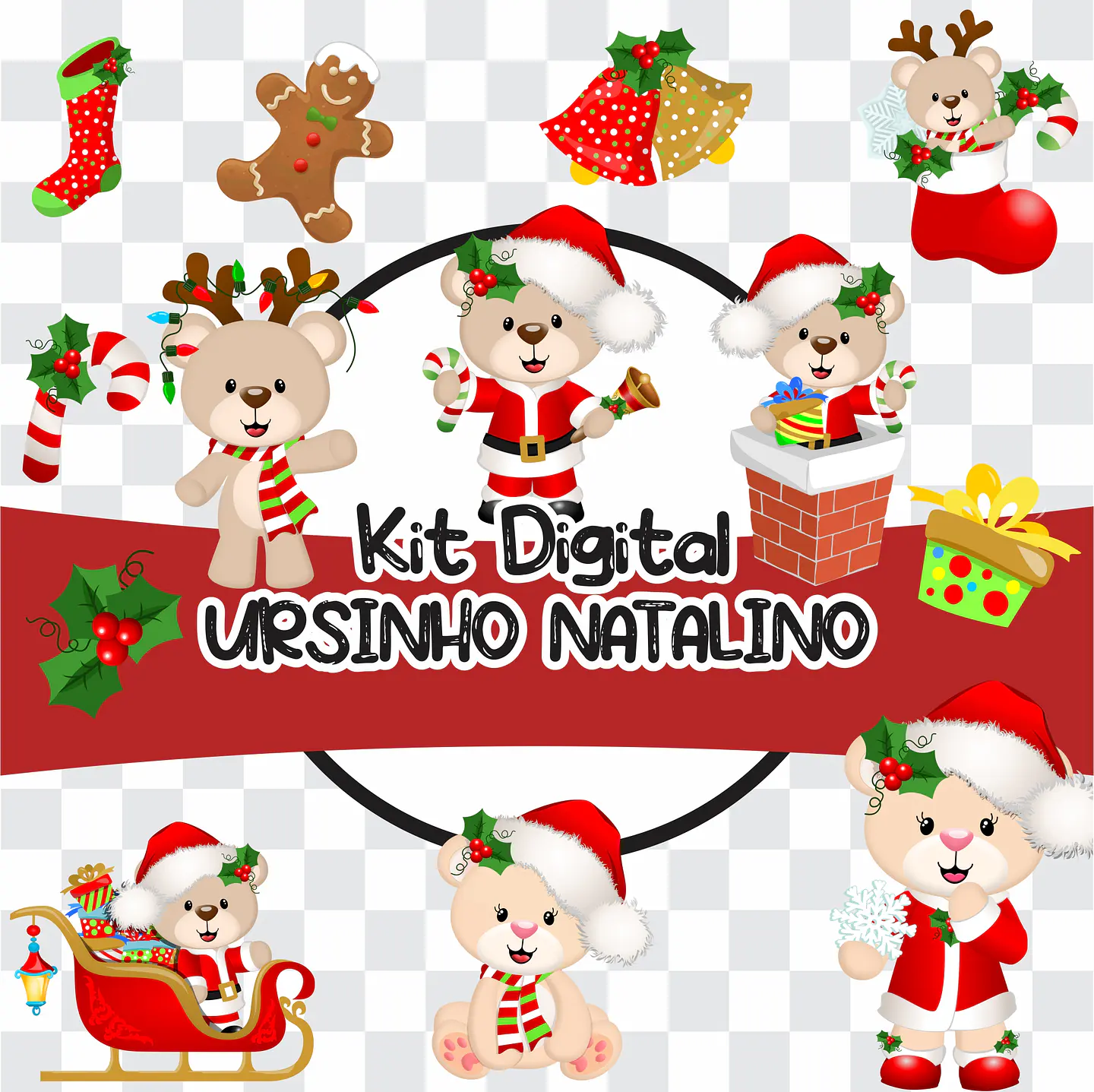 Kit Digital Ursinho Natalino sem fundo Png 1