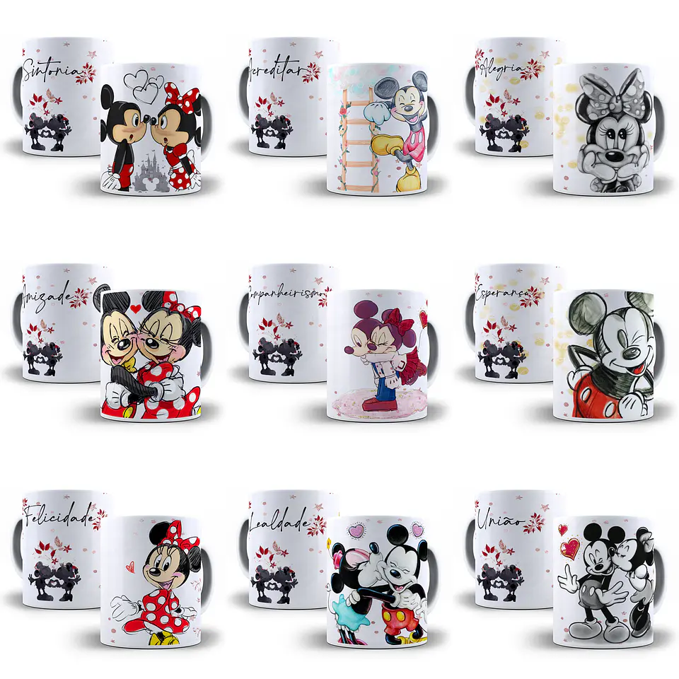 11 Artes para Caneca Emoções Mickey e Minnie Editável em Corel Draw 1