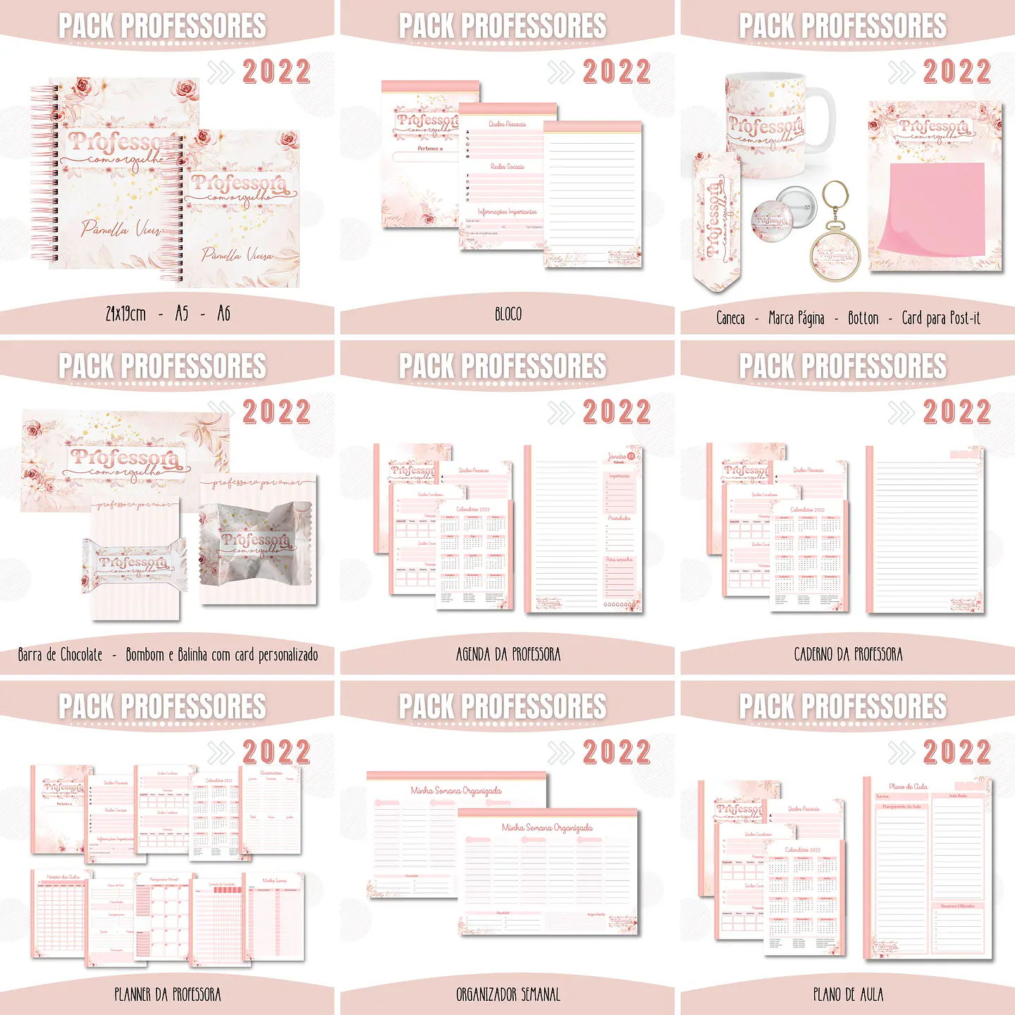 Pacote Artes para Agendas Caneca Professora Floral Rosé Golde Arquivos Pdf Jpge 1