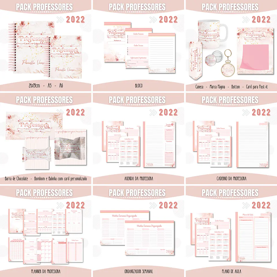 Pacote Artes para Agendas Caneca Professora Floral Rosé Golde Arquivos Pdf Jpge 1