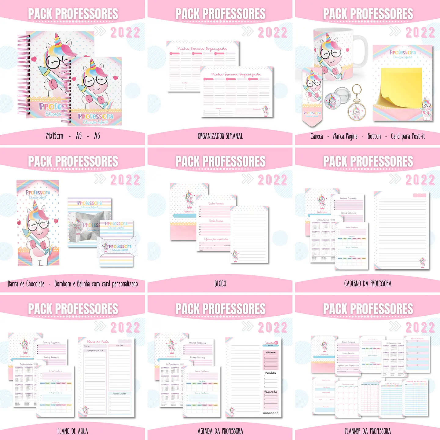 Pacotes para Agenda Professora Unicornio Poa 2022 Arquivo Pdf e Png 1