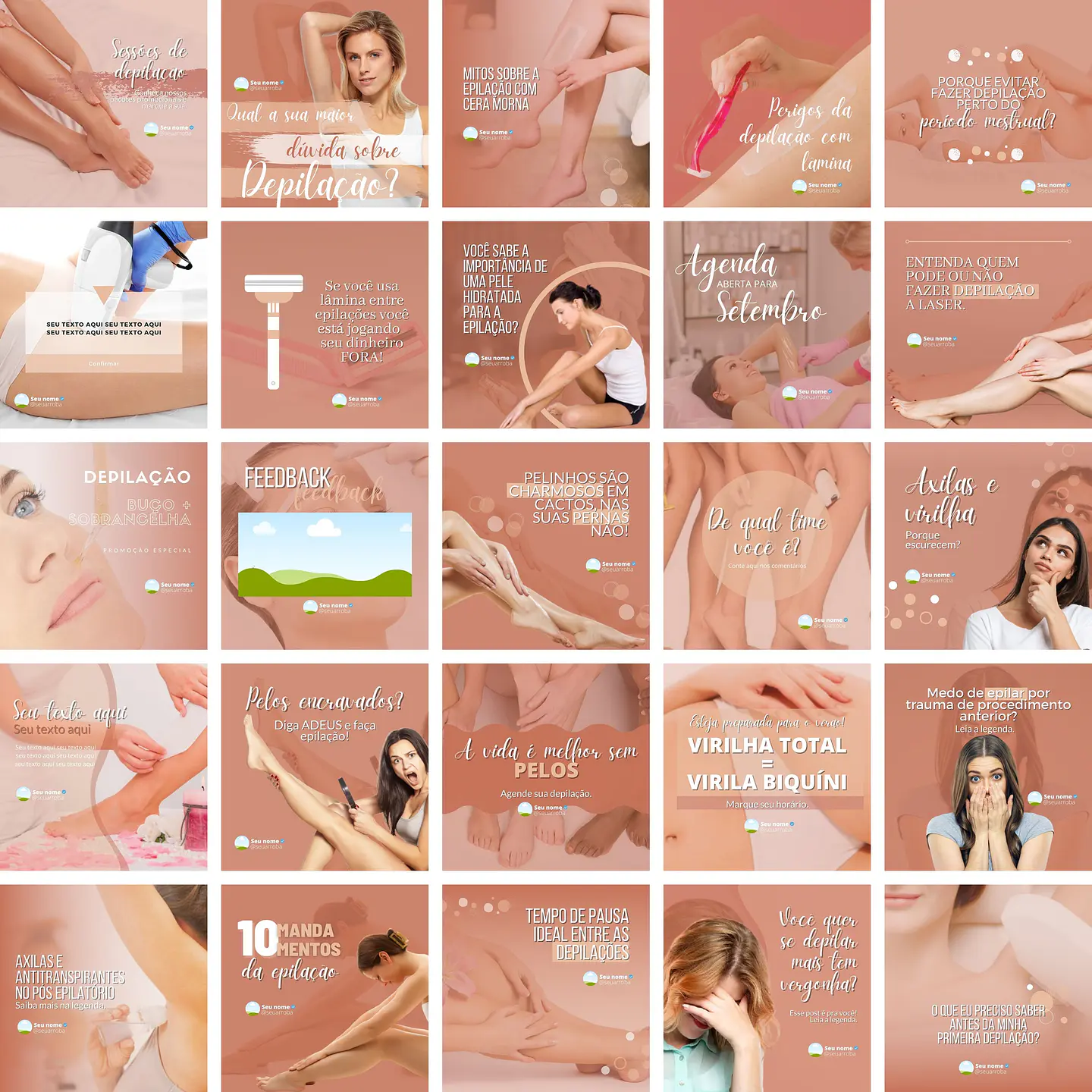 Pack Canva Depilação Depiladora Templates Editáveis 32 Artes + Bônus 1