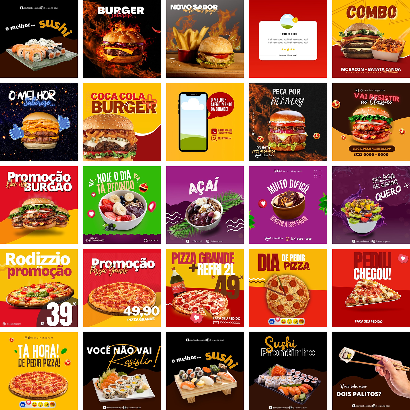 Pack Canva Lanches Comida Templates Editáveis 25 Artes + Bônus 1