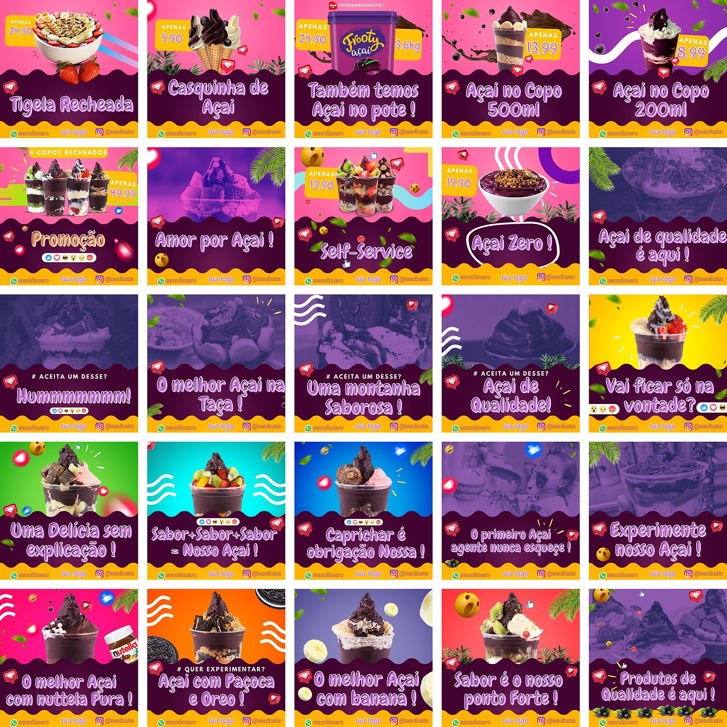 Pack Canva Açaí 3.0 Templates Editáveis 50 Artes + Bônus 1