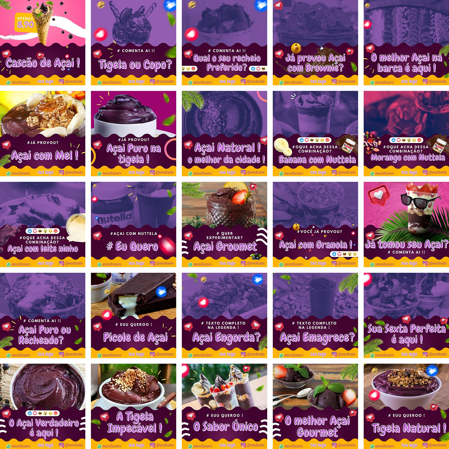 Pack Canva Açaí 3.0 Templates Editáveis 50 Artes + Bônus 2