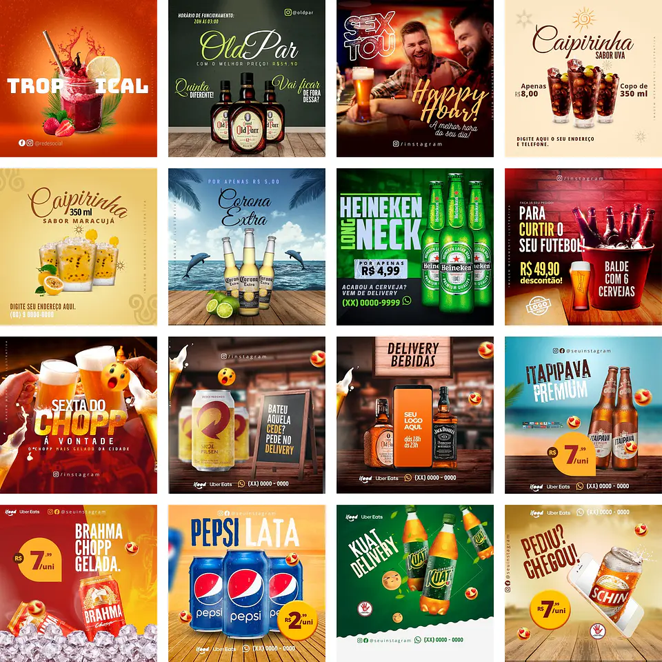 Pack Canva Bebidas 3.0 Templates Editáveis 20 Artes + Bônus 1