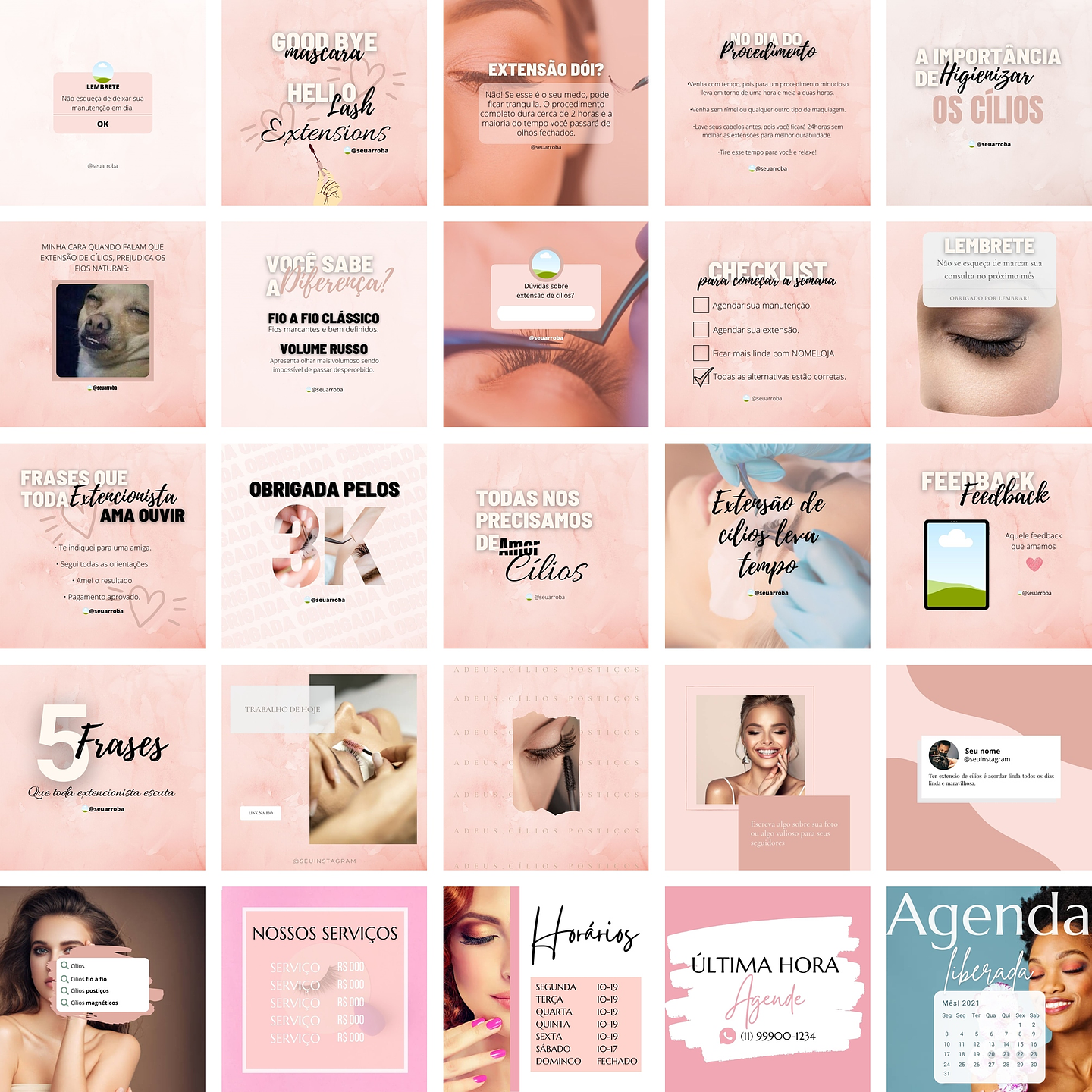 Pack Canva Extensão de Cílios 2.0 Templates Editáveis 25 Artes + Bônus 1