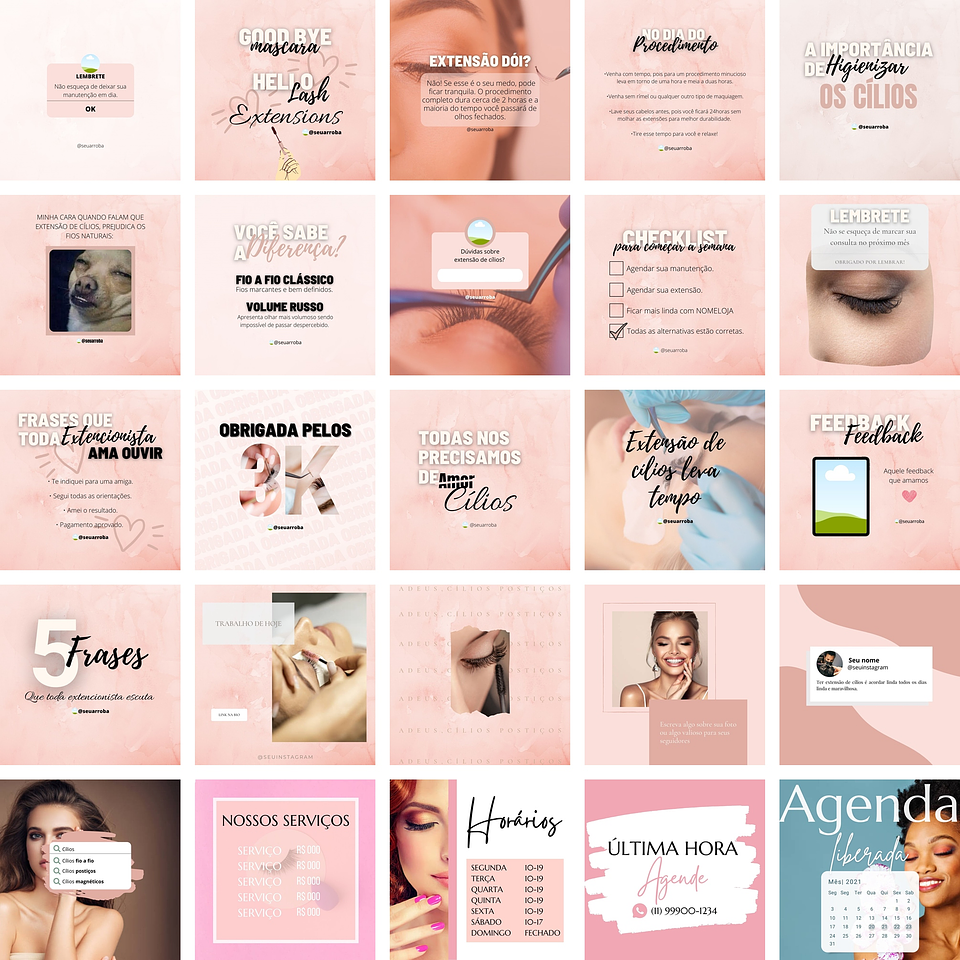 Pack Canva Extensão de Cílios 2.0 Templates Editáveis 25 Artes + Bônus 1