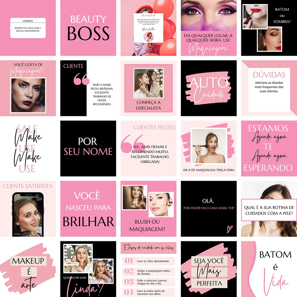 Pack Canva Maquiagem Makeup 2.0 Templates Editáveis 25 Artes + Bônus 1