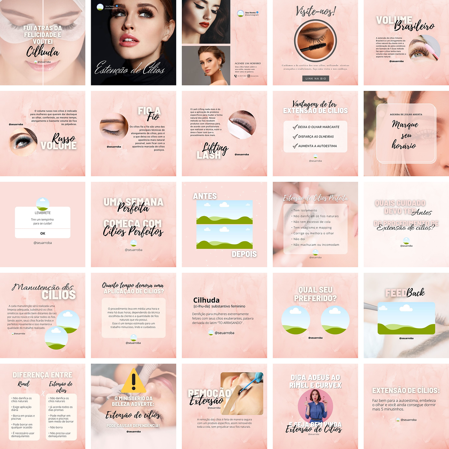 Pack Canva Extensão de Cílios Templates Editáveis 25 Artes + Bônus 1
