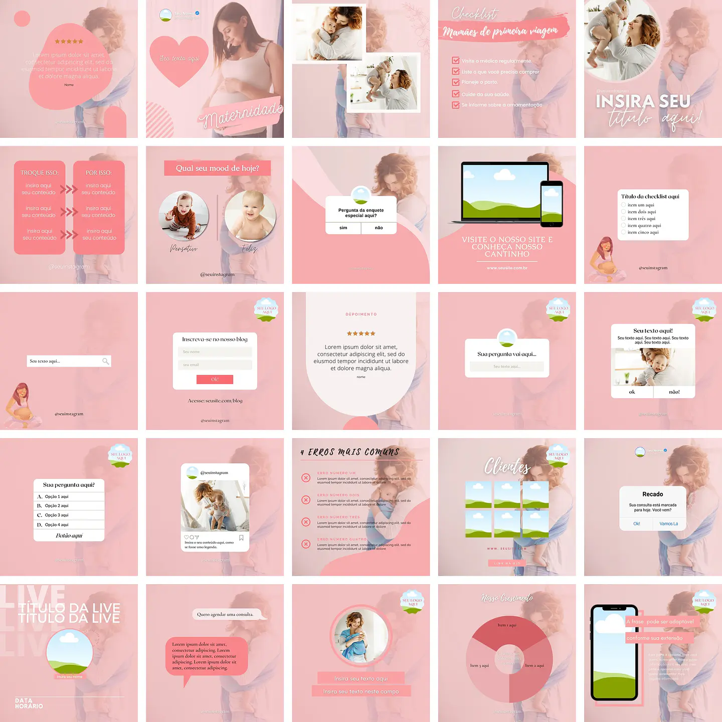 Pack Canva Maternidade Gestante Templates Editáveis 25 Artes + Bônus 1