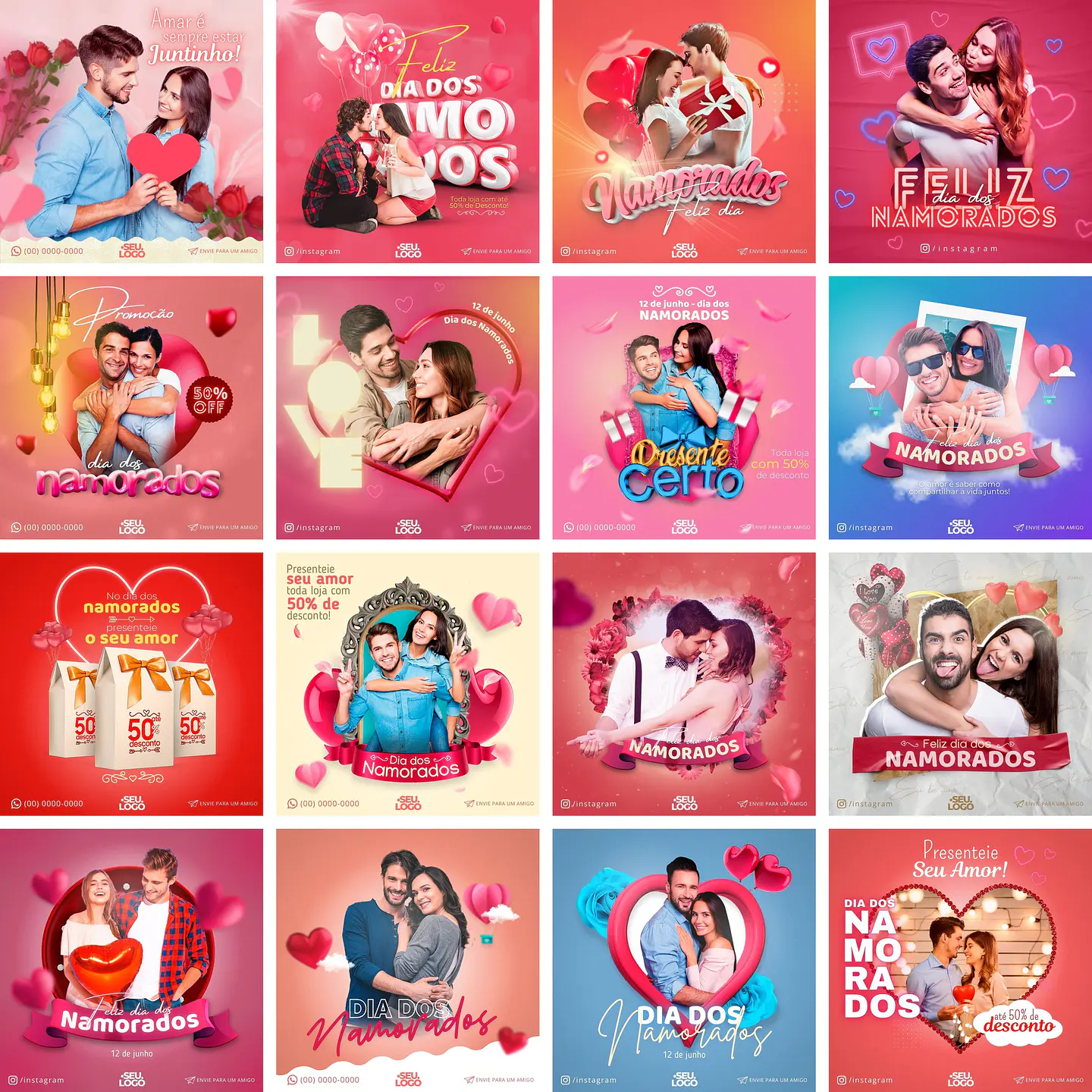Pack Canva Dia dos Namorados Templates Editáveis 16 Artes + Bônus 1