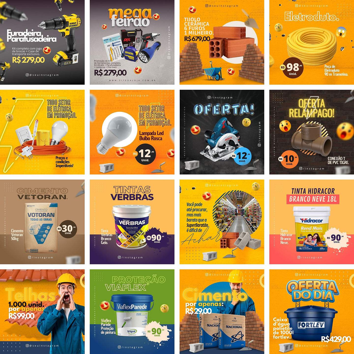 Pack Canva Material de Construção Templates Editáveis 20 Artes + Bônus 1