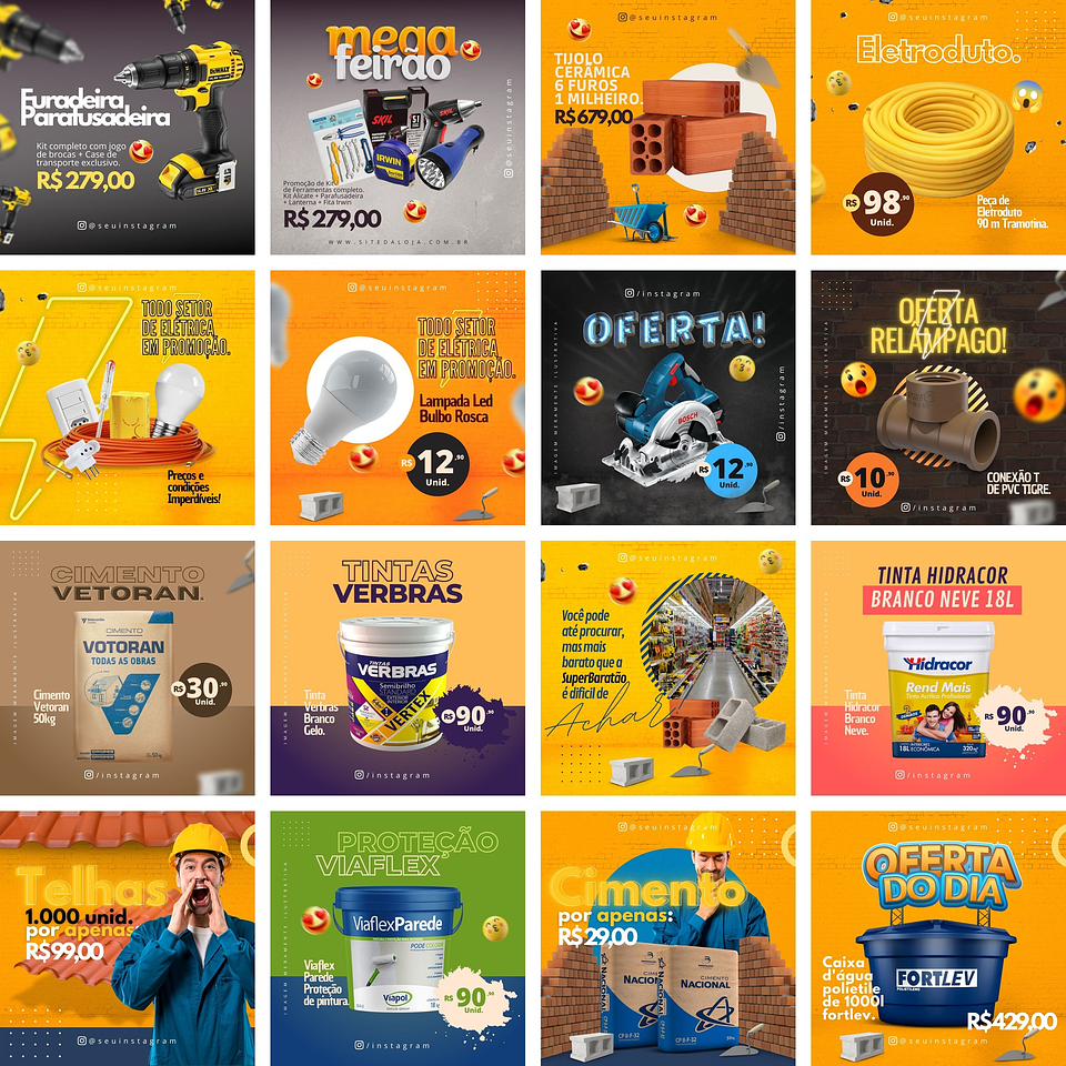 Pack Canva Material de Construção Templates Editáveis 20 Artes + Bônus 1