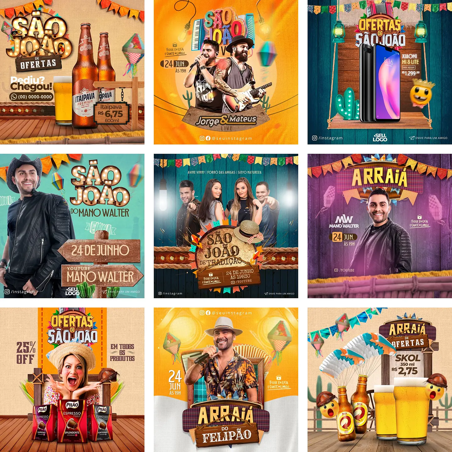 Pack Canva São João Festa Junina Templates Editáveis 12 Artes + Bônus 1