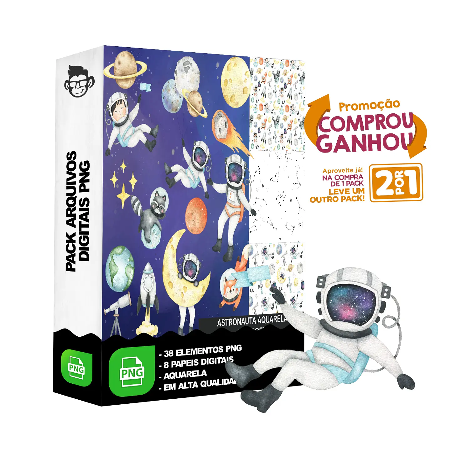 Kit Digital Astronauta Aquarela sem fundo Png 1