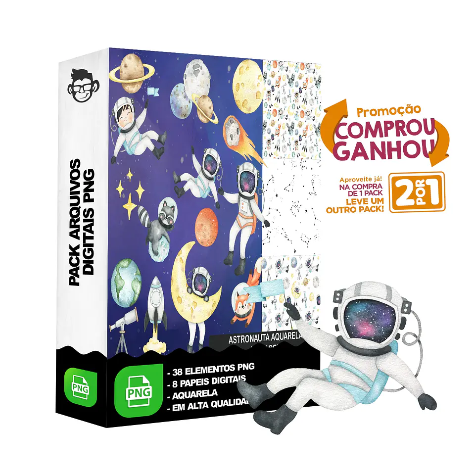 Kit Digital Astronauta Aquarela sem fundo Png 1