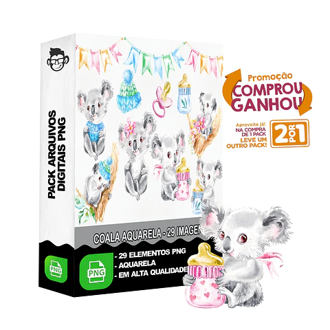 Kit Digital Coala Aquarela sem fundo Png