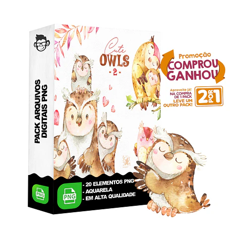 Kit Digital Coruja Aquarela sem fundo Png